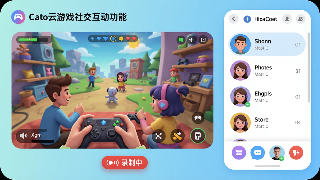 一张展示Cato云游戏社交互动功能的界面设计图,画面分为左右两部分,左侧是游戏实况画面,右侧是好友列表与语音聊天窗口,底部有“录制中”的红色小图标,整体UI风格圆润现代,色调明亮活泼,突出多人联机与分享乐趣,画质干净清晰