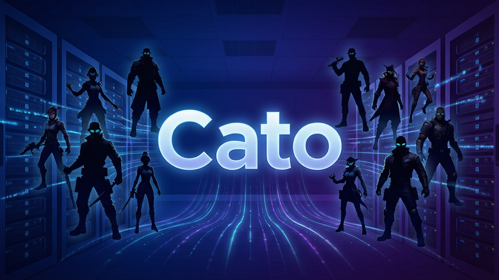 一张展示Cato云游戏平台核心全貌的宽幅概念图,画面中央悬浮着发光的“Cato”字母标志,周围环绕着多款热门3A游戏的精美角色剪影,背景是流动的数据光线与服务器机房轮廓,整体色调为深蓝与紫色渐变,科技感十足,布局大气,细节丰富,画质清晰干净,无多余元素