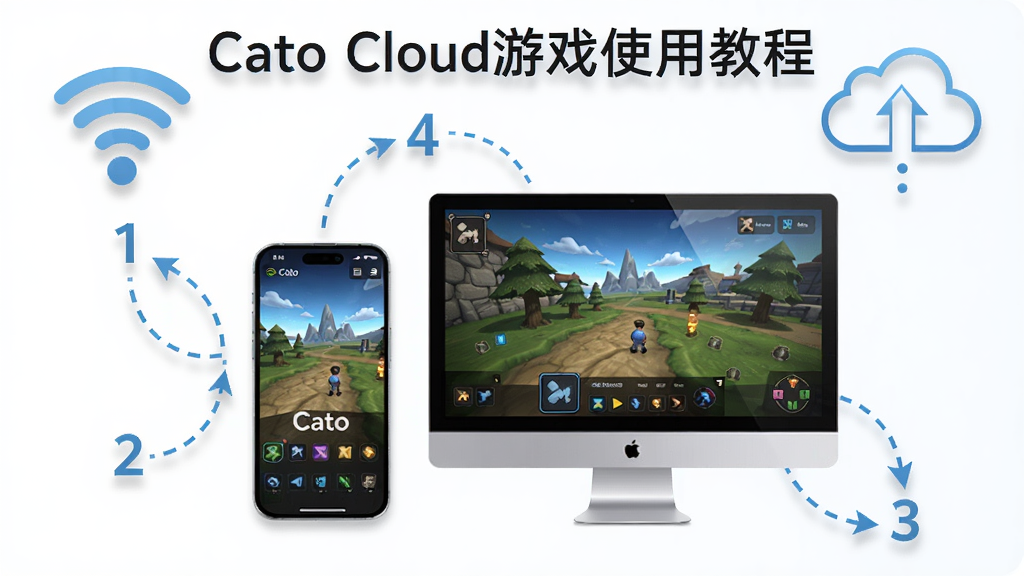 一张Cato云游戏使用教程的步骤示意图,画面中央是一台手机与一台电脑并排,屏幕上都显示着Cato的游戏画面,周围用虚线箭头标出1-2-3的操作步骤,背景简洁明亮,配以Wi-Fi与云朵图标,整体风格直观易懂,画质清晰干净