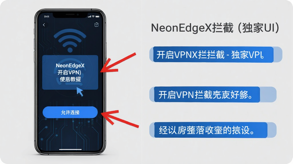 主体:NeonEdgeX拦截(独家UI)的使用教程示意图。布局:左侧为手机屏幕显示开启VPN的提示,右侧为步骤文字说明。排版:左右分栏,左侧手机图,右侧文字步骤,背景为浅灰色。风格:简洁教学风,使用蓝色高亮关键步骤。细节:手机屏幕上显示“允许连接”按钮,右侧文字带有红色箭头标注。画质:清晰,干净,无多余元素。