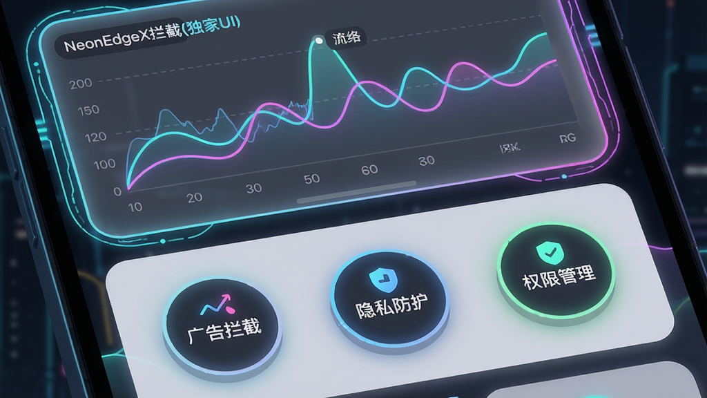 主体:NeonEdgeX拦截(独家UI)的独家UI界面特写。布局:屏幕上半部分显示实时网络流量曲线图,下方排列着“广告拦截”、“隐私防护”、“权限管理”三个圆形功能按钮。排版:采用卡片式布局,圆角矩形卡片,背景为浅灰色与霓虹色线条结合。风格:极简主义,扁平化设计,色彩鲜明,突出“独家UI”字样。细节:动态线条流动效果,按钮带有微光晕,整体视觉干净清爽。画质:高清渲染,细节丰富,无多余元素。