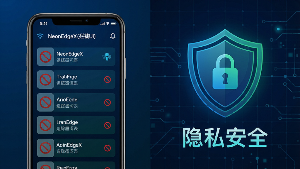 主体:NeonEdgeX拦截(独家UI)的隐私防护功能演示。布局:左侧为手机屏幕,显示被拦截的追踪器列表,右侧为盾牌图标与“隐私安全”字样。排版:分屏式布局,左侧列表清晰,右侧盾牌图标居中,背景为深蓝色科技感网格。风格:安全、可靠,使用蓝色和绿色作为主色调。细节:列表中的每一项带有红色禁止符号,盾牌上有锁形图案。画质:高清,干净,无多余元素。