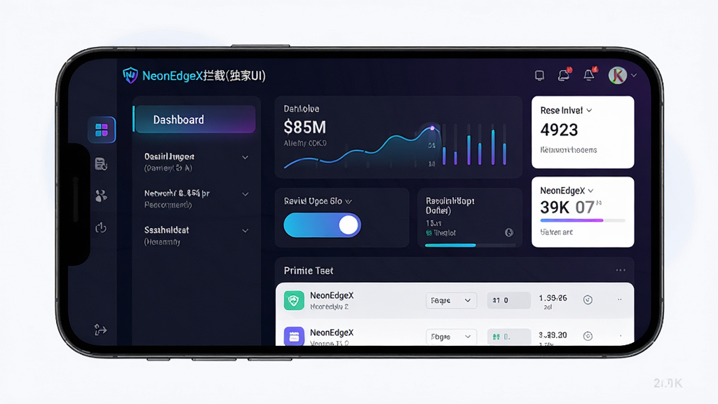 主体:NeonEdgeX拦截(独家UI)软件的主界面展示,一款智能手机上运行的网络拦截工具。布局:手机屏幕居中,界面清晰显示拦截统计仪表盘、实时防护开关、应用列表。排版:屏幕内UI元素整齐排列,左侧为功能导航栏,右侧为详细数据卡片。风格:现代科技感,深色主题搭配霓虹蓝紫渐变点缀,扁平化设计。细节:界面文字清晰可读,图标精致,背景为深色渐变,突出“NeonEdgeX拦截(独家UI)”品牌标识。画质:8K超高清,干净,无多余元素。