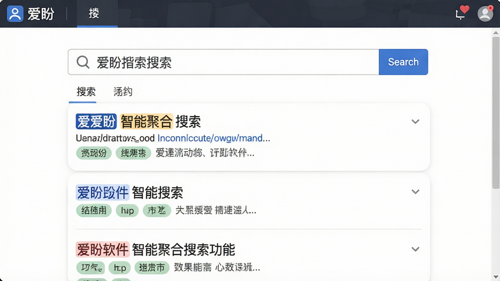 一张展示爱盼软件智能聚合搜索功能的界面截图,主体为搜索框及下方多来源结果列表,布局清晰,包含“爱盼”软件名称的界面元素,风格扁平化,细节展示搜索结果分类标签,画质干净,无多余元素。