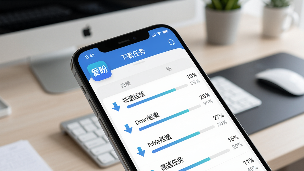一张展示爱盼软件使用场景的图片,主体为手机界面显示下载任务列表,背景为整洁的桌面环境,布局自然,包含“爱盼”应用图标,风格写实,细节体现高速下载进度条,画质清晰,无多余元素。
