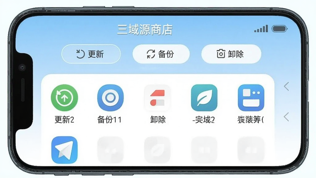 一张功能界面截图,画面为手机屏幕显示“三域源商店”的应用管理页面,列表展示已安装应用图标,顶部有更新、备份、卸载等按钮,背景为淡蓝色渐变,整体界面清爽直观,画质干净无多余元素。