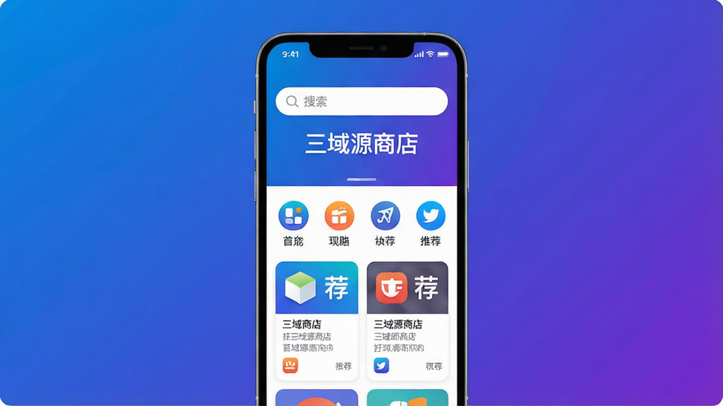 一张高清产品展示图,画面中央是智能手机屏幕显示“三域源商店”主界面,上方搜索栏醒目,下方是分类图标与推荐应用卡片,背景为渐变的科技蓝与紫色,整体布局简洁现代,画质清晰干净,无多余元素。