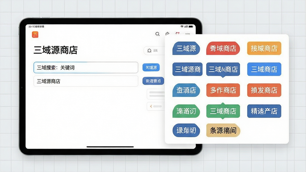 一张功能演示图,画面左侧为平板电脑,屏幕上显示“三域源商店”聚合搜索界面,输入关键词后右侧弹出多个资源来源标签,背景为浅灰色网格,整体风格清爽简洁,画质清晰干净,无多余元素。