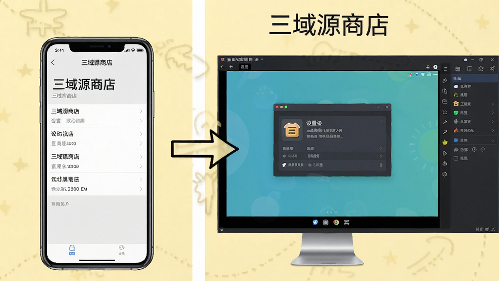 一张使用教程示意图,画面分为左右两部分,左边是手机屏幕显示“三域源商店”设置页面,右边是电脑模拟器界面,中间用箭头连接,背景为淡黄色,整体风格教育性强,画质干净无多余元素。