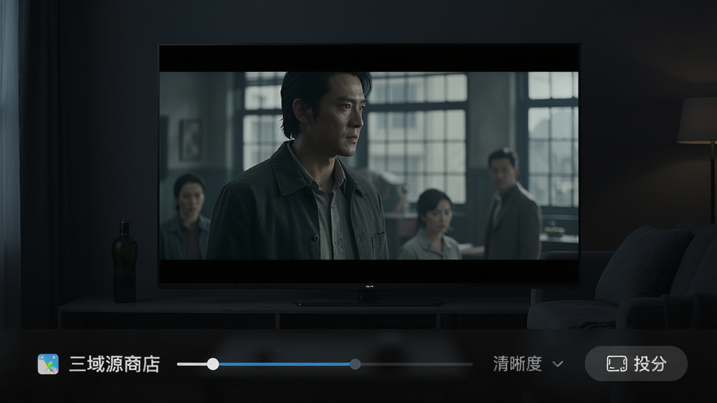 一张影视播放界面示意图,画面中电视屏幕正在播放电影,下方显示“三域源商店”影视仓的播放控制栏,包括进度条、清晰度选项与投屏按钮,背景为暗色客厅环境,画质细腻干净,无多余元素。