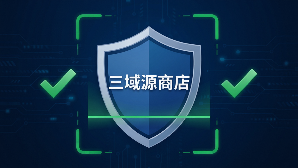 一张安全防护示意图,画面中央为盾牌图标,盾牌上有“三域源商店”字样,周围环绕着绿色对勾与扫描线条,背景为深蓝色科技感纹理,整体风格严谨可靠,画质清晰干净,无多余元素。