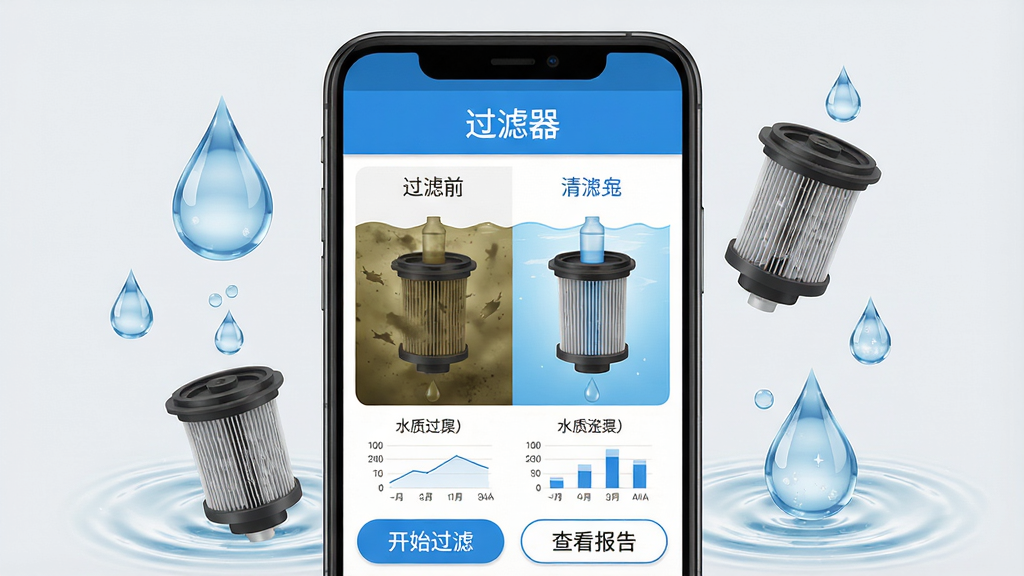 主体:一款名为“过滤器”的安卓手机应用界面,手机屏幕中央显示水质过滤前后的对比效果图,左侧浑浊右侧清澈;布局:手机竖屏居中,周围环绕水滴、滤芯、纯净水波纹等元素;排版:界面简洁,上方有“过滤器”应用名称,下方有“开始过滤”“查看报告”按钮;风格:现代扁平化设计,蓝色与白色为主色调,搭配浅灰色背景;细节:水滴晶莹剔透,滤芯结构清晰可见,水质数据以图表形式展示;画质:高清渲染,干净,无多余元素。