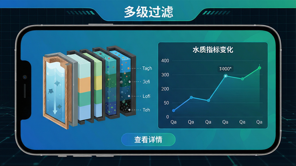 主体:过滤器应用的多级过滤功能展示界面,手机屏幕显示四层滤芯剖面图,每层标注不同过滤物质;布局:手机横屏展示,左侧为滤芯结构示意图,右侧为对应水质指标变化折线图;排版:层次分明,顶部有“多级过滤”标题,底部有“查看详情”按钮;风格:科技感插画风,蓝绿色渐变,背景为深色科技网格;细节:滤芯层颜色由浅到深,水中杂质颗粒逐渐减少,图表数据清晰;画质:高清渲染,干净,无多余元素。