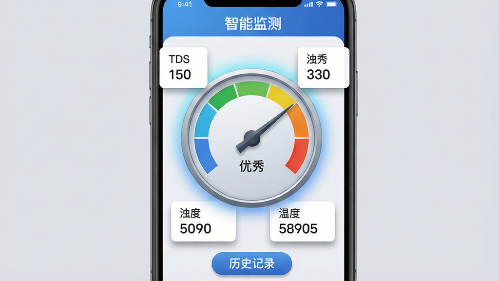 主体:过滤器应用的智能水质监测界面,手机屏幕中央显示一个圆形仪表盘,指针指向“优秀”区间,周围环绕TDS值、浊度、温度等数据卡片;布局:手机竖屏居中,仪表盘占据主要视觉区域,数据卡片排列在下方;排版:简约清晰,顶部有“智能监测”标题,底部有“历史记录”按钮;风格:拟物化设计,蓝色与白色配色,背景为浅灰色;细节:仪表盘带有渐变光晕,数据卡片有阴影效果,水质等级用颜色区分;画质:高清渲染,干净,无多余元素。