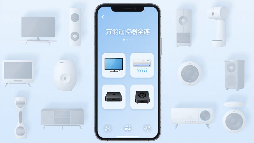 画面中央是一部亮屏的智能手机,屏幕显示“万能遥控器全连”的APP界面,界面中有电视、空调、机顶盒等多个电器图标,手机周围悬浮着各种家用电器的半透明轮廓,背景为简约的浅蓝色渐变,整体风格科技感十足,画质干净清晰,无多余元素。