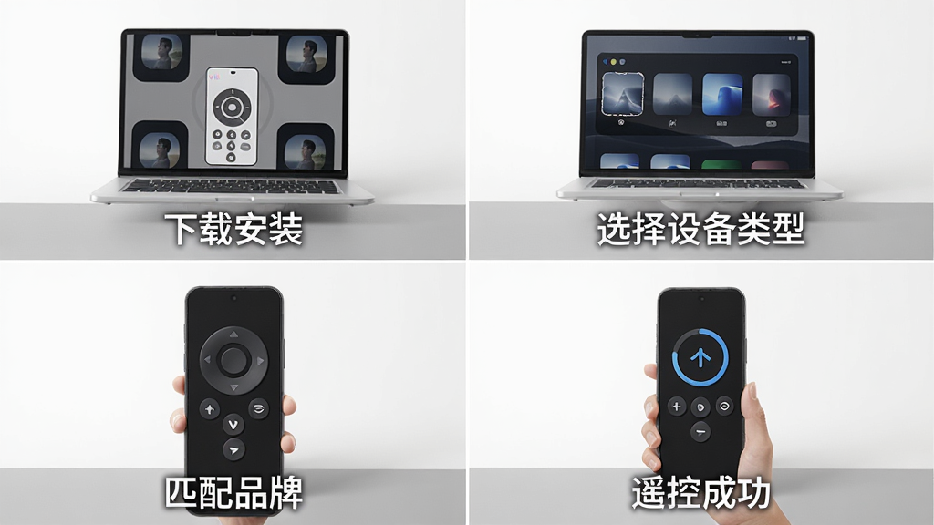 一张展示使用教程的图片,画面分为四个小格,第一格是下载安装,第二格是选择设备类型,第三格是匹配品牌,第四格是遥控成功,每格下方有文字说明,整体风格简洁清晰,画质干净。