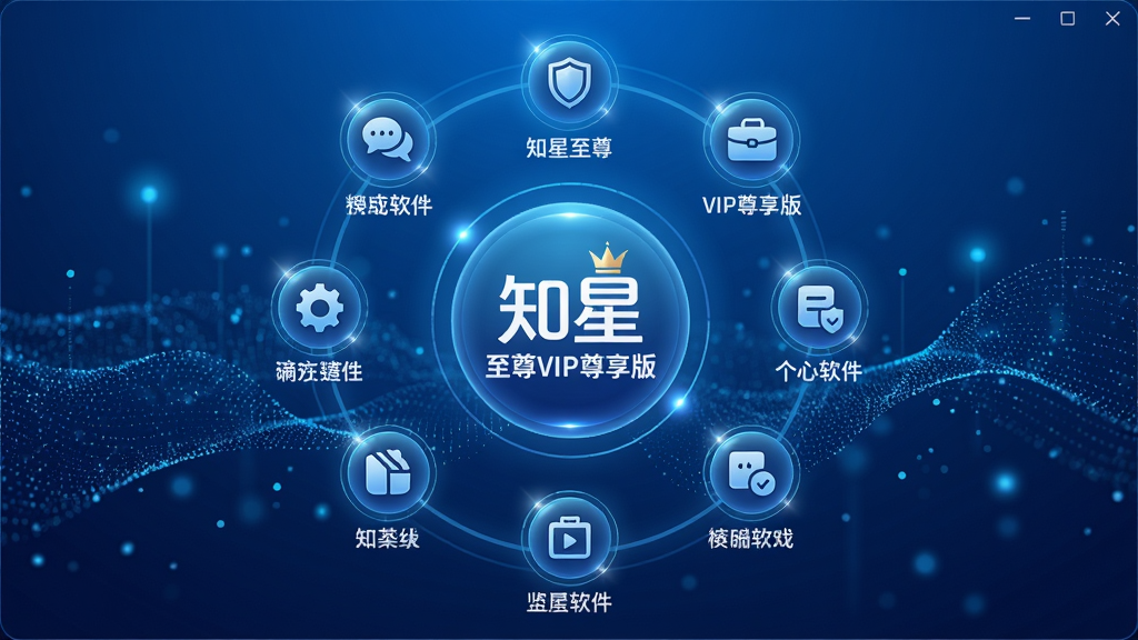主体:知星至尊VIP尊享版三合一软件的主界面,展示其多合一功能模块。布局:居中构图,功能图标环形排列,中心为软件logo。排版:功能名称清晰标注,布局紧凑有序。风格:现代科技感,蓝色渐变背景,高光点缀。细节:图标精致,带有微光效,背景有数字粒子流动。画质:超高清8K,干净,无多余元素。