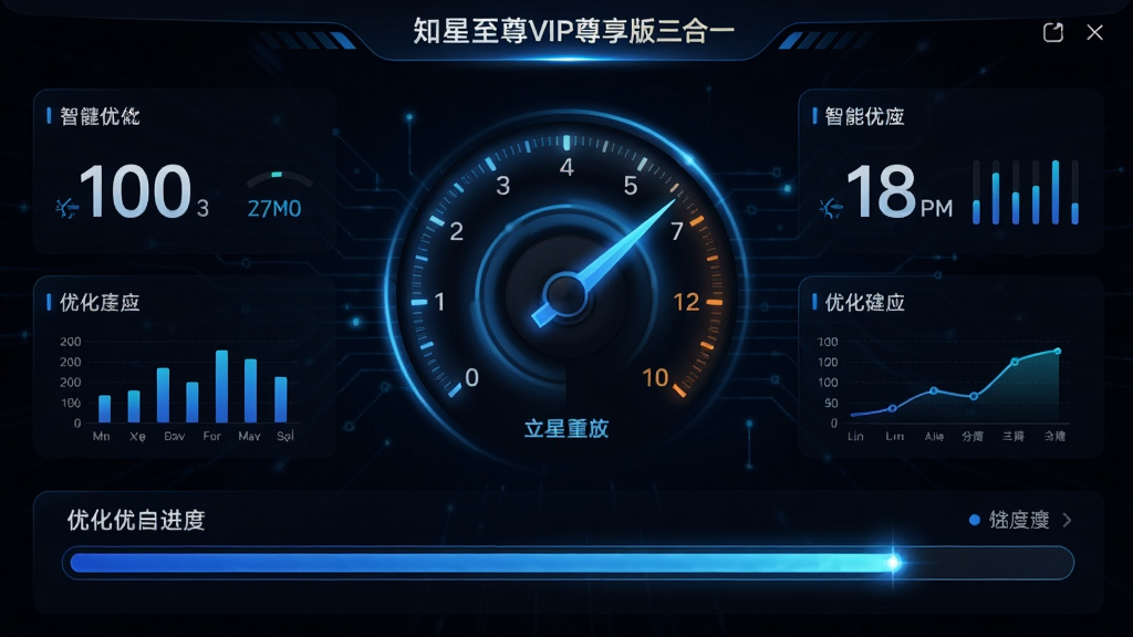 主体:知星至尊VIP尊享版三合一的智能优化引擎界面,展示性能仪表盘和优化进度条。布局:仪表盘居中,进度条位于下方。排版:关键数据以数字和图表展示。风格:科技感深色背景,蓝色数据流。细节:仪表盘指针动态转动,进度条有光效填充。画质:高清,干净,无多余元素。