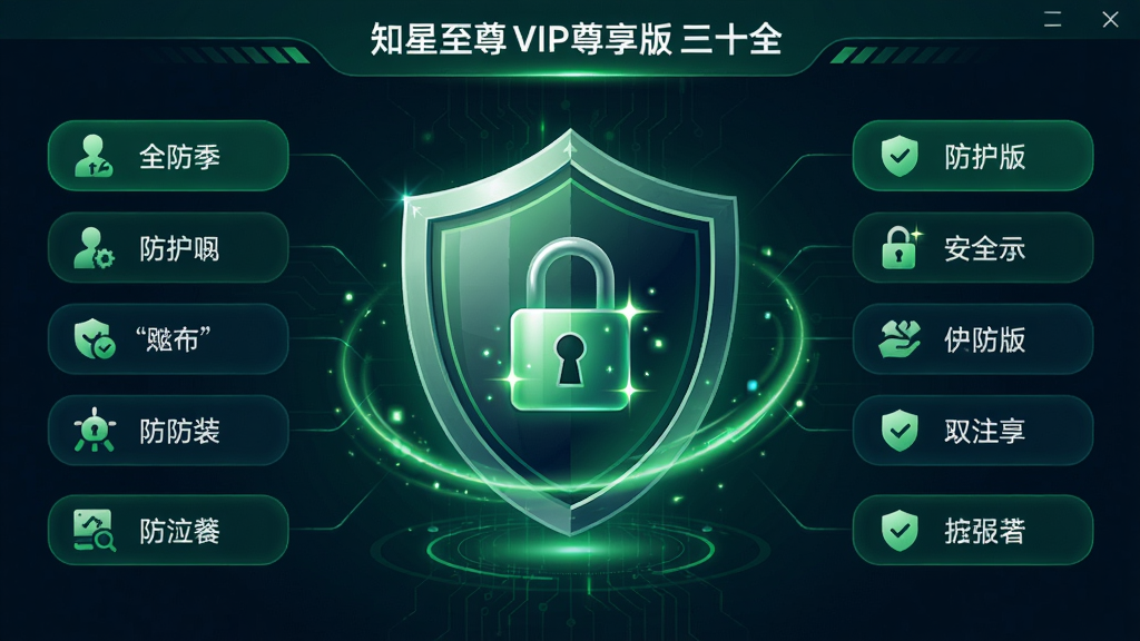 主体:知星至尊VIP尊享版三合一的安全防护界面,展示防护盾牌和加密锁图标。布局:盾牌居中,四周环绕防护功能按钮。排版:功能名称列表排列。风格:安全主题,绿色与深蓝色搭配。细节:盾牌有流光效果,加密锁有闪烁光点。画质:4K高清,干净,无多余元素。