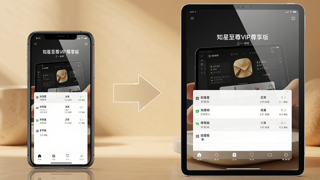 主体:知星至尊VIP尊享版三合一软件在手机和平板上运行的效果图。布局:左侧手机,右侧平板,中间为同步箭头。排版:设备屏幕内显示软件界面。风格:写实风格,暖色调背景。细节:设备有屏幕反光,界面清晰可见。画质:高清,干净,无多余元素。