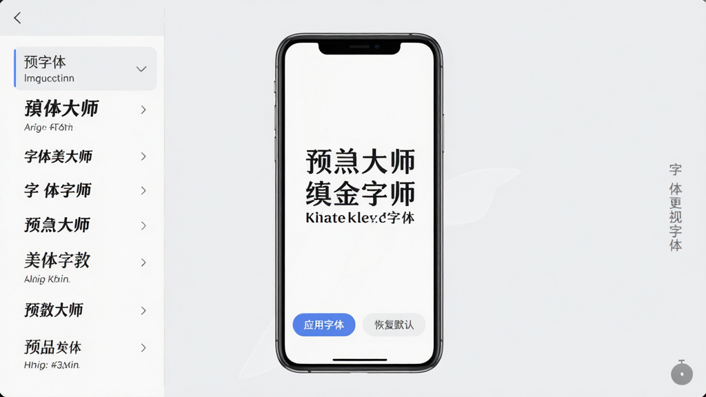 字体美化大师一键更换字体操作界面,中央有一部手机模型屏幕显示字体预览效果,屏幕下方有