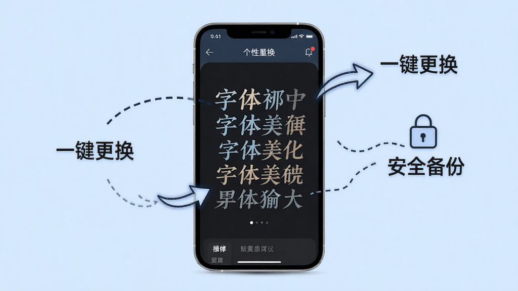 字体美化大师在手机上的实际应用效果图,手机屏幕显示个性化字体界面,周围有操作提示箭头和文字说明