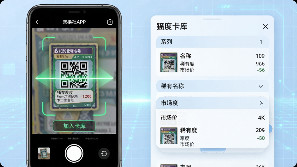 主体:集换社APP的扫码管理卡库界面,手机摄像头对准一张卡牌,屏幕识别出卡牌详情(名称、稀有度、市场价),下方是“加入卡库”按钮。布局:手机位于画面左侧,右侧展示卡库列表的概览,包括系列分组和数量统计。排版:以手机为视觉焦点,右侧信息卡片依次排列,背景是淡蓝色的科技网格。风格:简洁实用,强调扫描的精准与高效。细节:卡牌上的二维码清晰可见,扫描光效为绿色,卡库列表有滑动效果。画质:4k高清,干净,无多余元素。