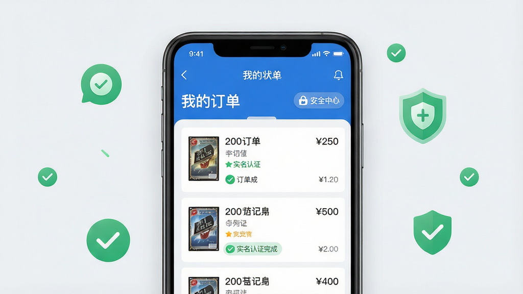 主体:一部手机显示集换社APP的“我的订单”页面,订单状态清晰,旁边有“实名认证”与“安全中心”的图标。布局:手机居中,背景为简约的浅灰色,点缀着绿色对勾与盾牌元素,象征安全与信任。排版:主体突出,手机屏幕内容可辨识,周围无杂乱元素。风格:干净整洁的UI展示风格,色彩以蓝白为主,强调功能与安全。细节:订单列表有具体的卡牌名称与价格,实名认证标记为已完成。画质:高清,干净,无多余元素。