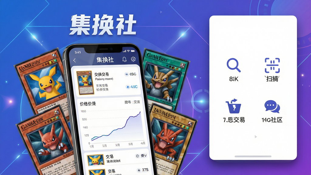 主体:集换社APP界面与各种热门卡牌元素融合展示,画面中央是一部手机,屏幕内显示卡牌交易列表与价格曲线,周围环绕着宝可梦、游戏王、万智牌等经典卡牌,卡牌纹理清晰可见。布局:手机置于画面中心偏左,右侧留白区域配以简洁的功能图标,如搜索、扫描、交易、社区等,底部有柔和阴影。排版:主体突出,背景采用渐变的蓝紫色,搭配几何线条与光效点缀,文字“集换社”以艺术字体置于手机上方,整体平衡协调。风格:现代扁平化结合轻拟物,色彩鲜明但不过于浓烈,营造专业、科技、活力的氛围。细节:卡牌上的图案与文字清晰可辨,手机屏幕反光自然,光效柔和。画质:8k超高清,细节丰富,干净,无多余元素。