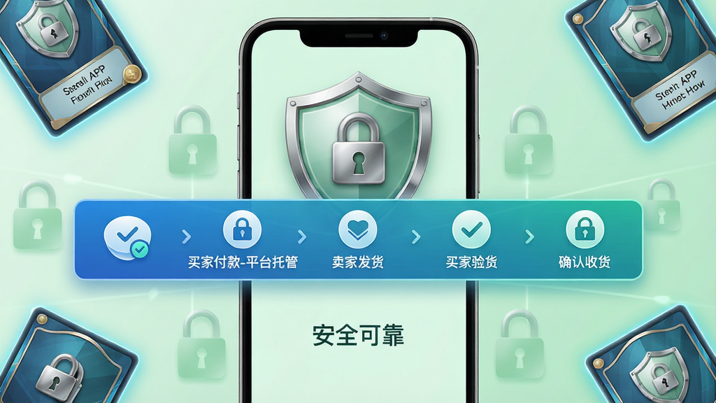 主体:集换社APP的担保交易流程界面,手机屏幕展示“买家付款-平台托管-卖家发货-买家验货-确认收货”的步骤条,每一步都有醒目的图标。布局:手机居中,背景是淡绿色的安全盾牌图案与锁形图标,四周散落着几张卡牌作为点缀,视觉重心集中在交易流程上。排版:步骤条横向排列清晰明了,下方有“安全可靠”字样,整体采用左右对称构图。风格:商务安全风格,配色以蓝绿为主,突显信赖感。细节:卡牌边缘有微光,盾牌图标带有金属质感,界面图标精致。画质:高清渲染,干净,无多余元素。