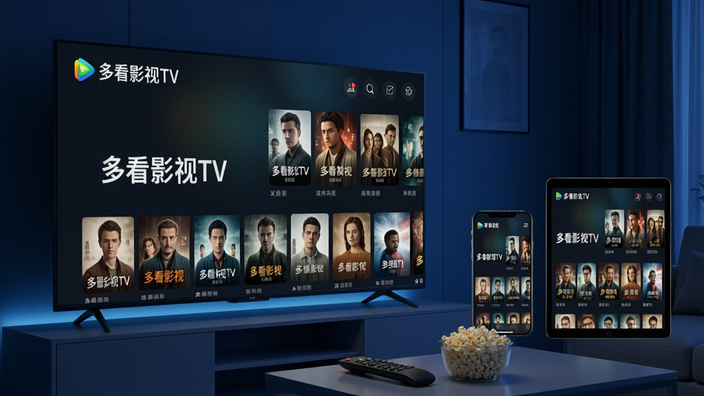 主体:一台现代智能电视正在播放电影画面,屏幕中显示“多看影视TV”的启动界面与影视海报墙。布局:电视位于画面中央偏左,右侧为手机与平板设备展示同一应用界面,形成多屏联动感。排版:主体突出,背景为简洁的深蓝色科技感客厅环境,光效柔和。风格:写实3D渲染风格,色彩鲜明。细节:电视屏幕中可见清晰的软件名称“多看影视TV”字样,界面呈现整齐的影视剧海报缩略图,遥控器与茶几上的爆米花作为氛围点缀。画质:高清8K,干净,无多余元素。