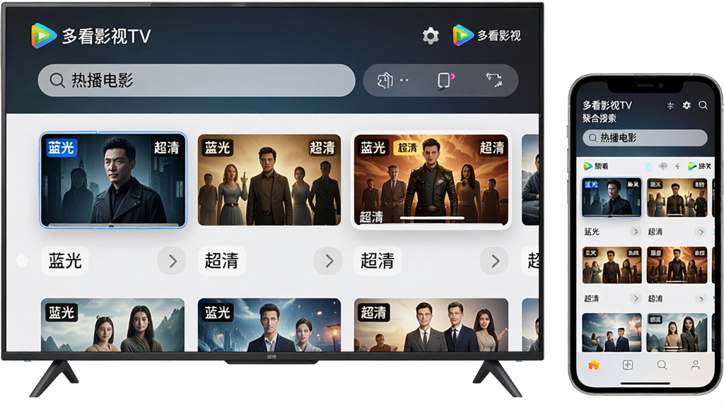 主体:手机与智能电视并排展示“多看影视TV”的聚合搜索界面,搜索框内输入“热播电影”。布局:左右对称构图,左侧电视大屏显示搜索结果列表,右侧手机显示同一应用的搜索输入状态。排版:界面截图风格,突出软件UI设计。风格:扁平化与轻微拟物结合,色彩明亮。细节:电视屏幕中列出多个清晰度标签如“蓝光”、“超清”,并标注“多看影视TV”品牌标识。画质:高清,干净,无多余元素。