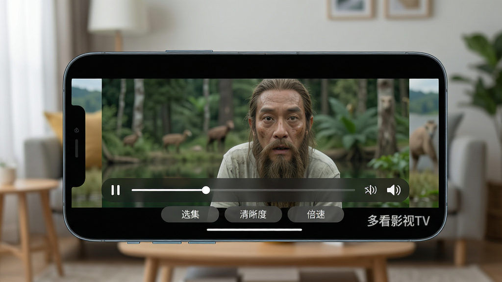 主体:一部智能手机横屏播放视频画面,屏幕边缘出现播放控制条,画面右下角有“多看影视TV”的水印。布局:手机位于画面中央,背景为模糊的客厅环境。排版:突出手机屏幕中的播放界面,清晰显示进度条、音量图标。风格:写实摄影风格,光线自然。细节:屏幕中播放着自然纪录片画面,控制条半透明,底部有“选集”、“清晰度”、“倍速”等按钮。画质:高分辨率,干净,无多余元素。