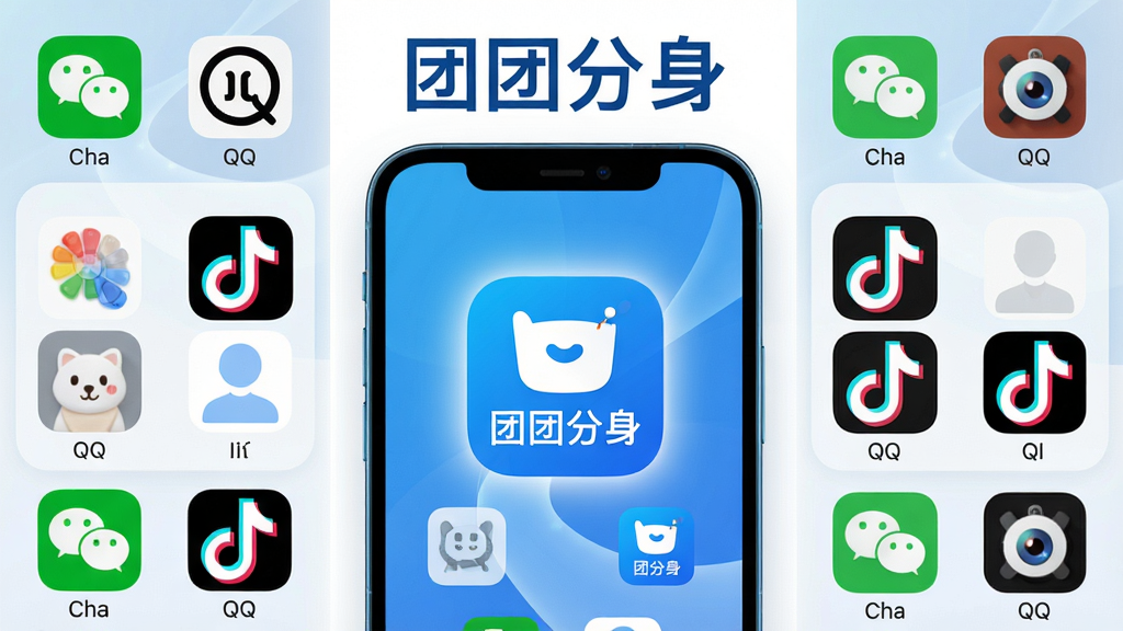 主体:手机屏幕显示多个应用分身图标,中间一个醒目的