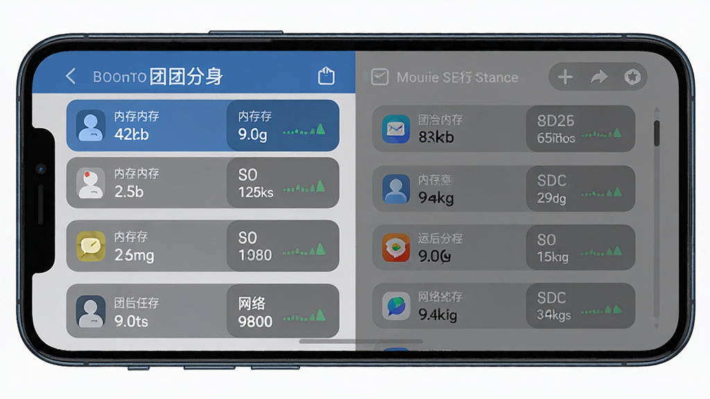主体:手机屏幕展示团团分身运行界面,多个应用分身同时在线运行,后台任务切换流畅。布局:左右分屏,左侧显示分身列表,右侧展示运行状态。排版:信息层级分明,功能按钮清晰可见。风格:简约商务,蓝灰配色。细节:每个分身显示独立的内存占用和网络状态。画质:高清,界面整洁无多余元素。