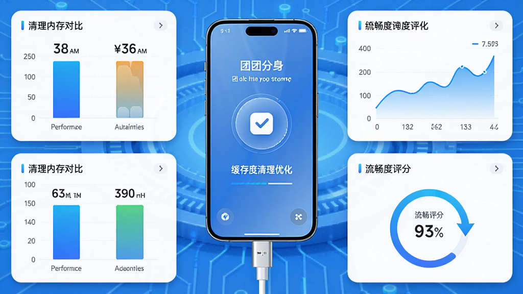 主体:手机连接数据线,屏幕显示团团分身进行缓存清理优化,周围有性能数据图表。布局:中心构图,手机置于画面中央,数据图表环绕。排版:信息密集但有序,突出优化效果。风格:科技蓝风格,明亮清晰。细节:显示清理前后内存对比,以及流畅度评分。画质:高清渲染,干净无多余元素。