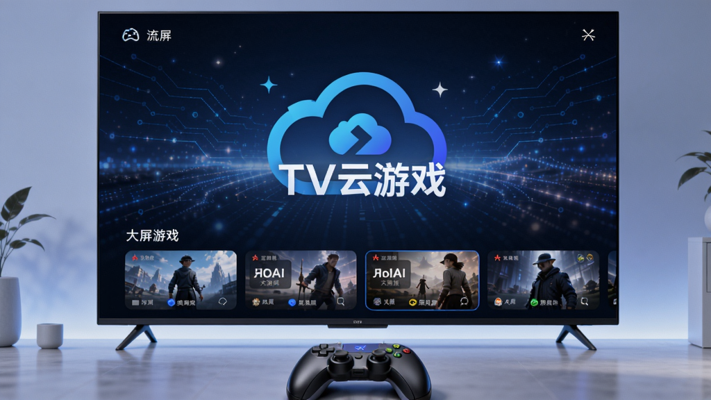 画面中央是一款智能电视,电视屏幕上显示着“TV云游戏”的Logo和游戏选择界面,背景是深蓝色的科技光效,电视下方有一个游戏手柄,整体风格现代简洁,突出云游戏、大屏、流畅,画面干净无多余元素