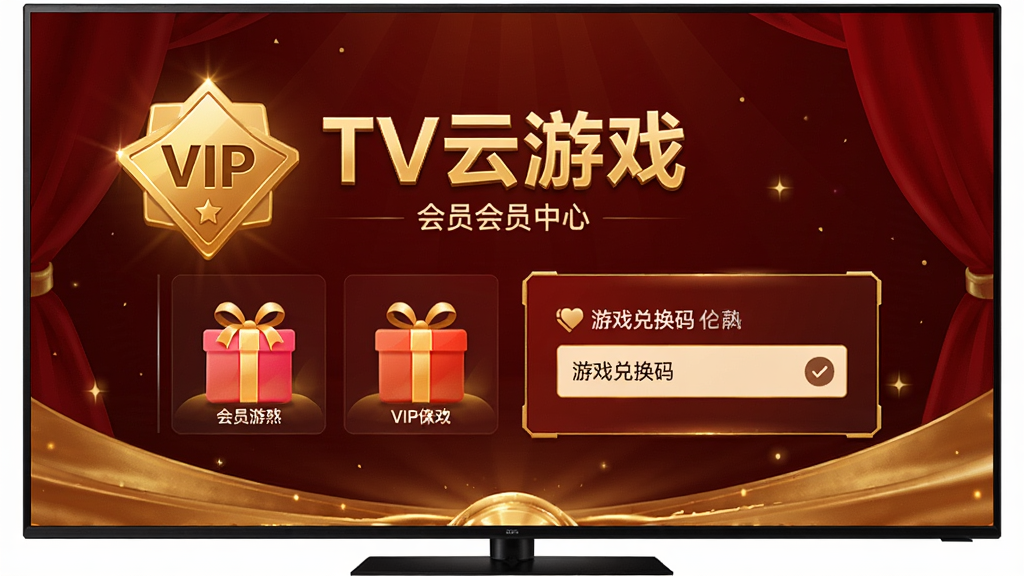 电视屏幕显示“TV云游戏”会员中心界面,有金色VIP标识、礼包图标、游戏兑换码输入框,背景是深红色和金色搭配,突出会员尊贵感,整体风格华丽,画面干净无多余元素