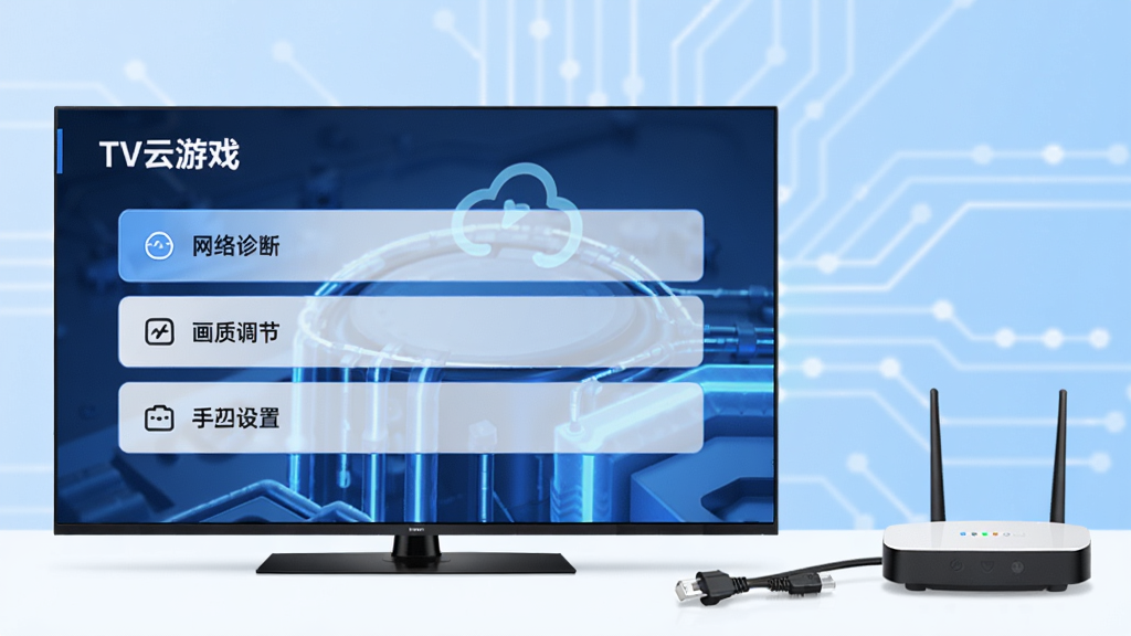 电视屏幕显示“TV云游戏”设置界面,有网络诊断、画质调节、手柄设置等选项,旁边有一根网线和无线路由器,背景是浅蓝色科技感,整体风格清晰,突出优化设置,画面干净无多余元素