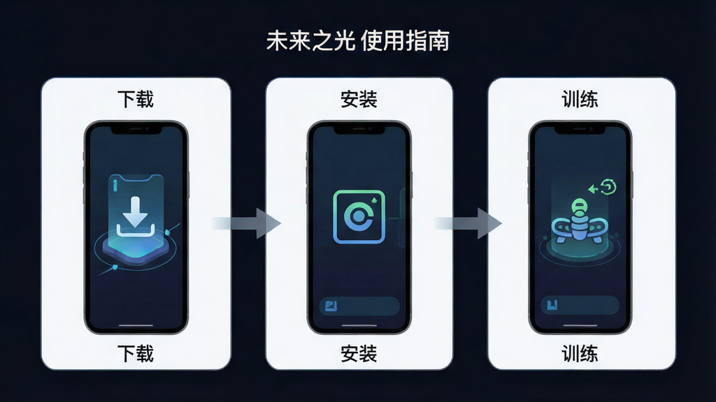 未来之光使用指南示意图,主体为手机操作步骤分解图,布局分步展示,排版清晰,风格简洁,细节标注“下载”“安装”“训练”等文字,画质干净,无多余元素