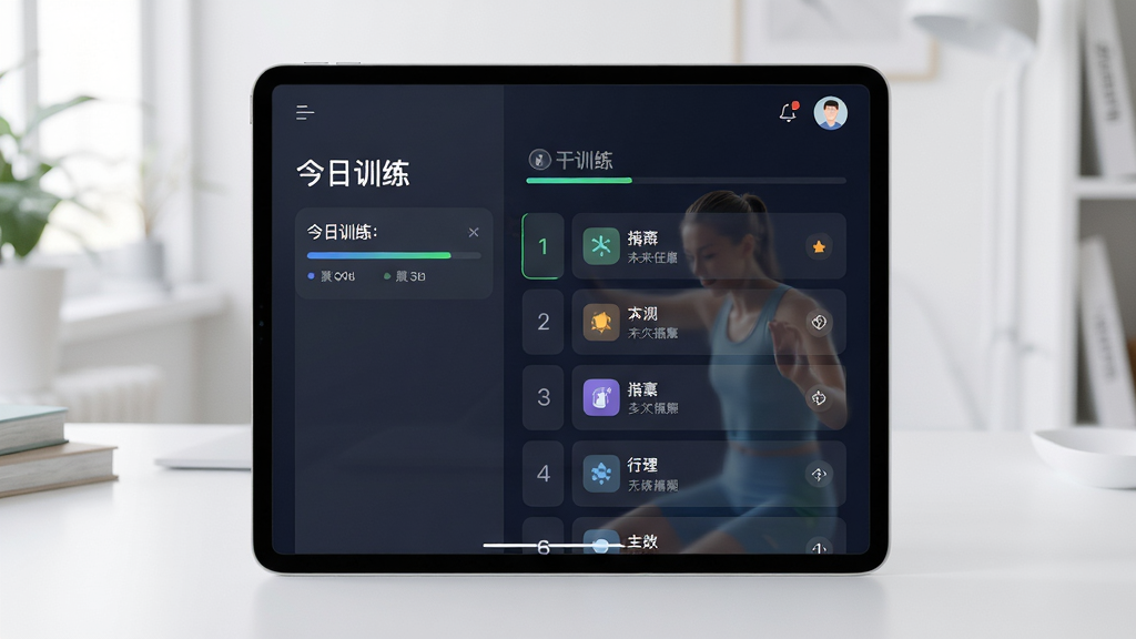 未来之光个性化训练计划界面,主体为平板设备展示每日任务列表,布局左右分栏,排版有序,风格清新,细节包含“今日训练”标题与进度条,画质细腻,干净无多余元素