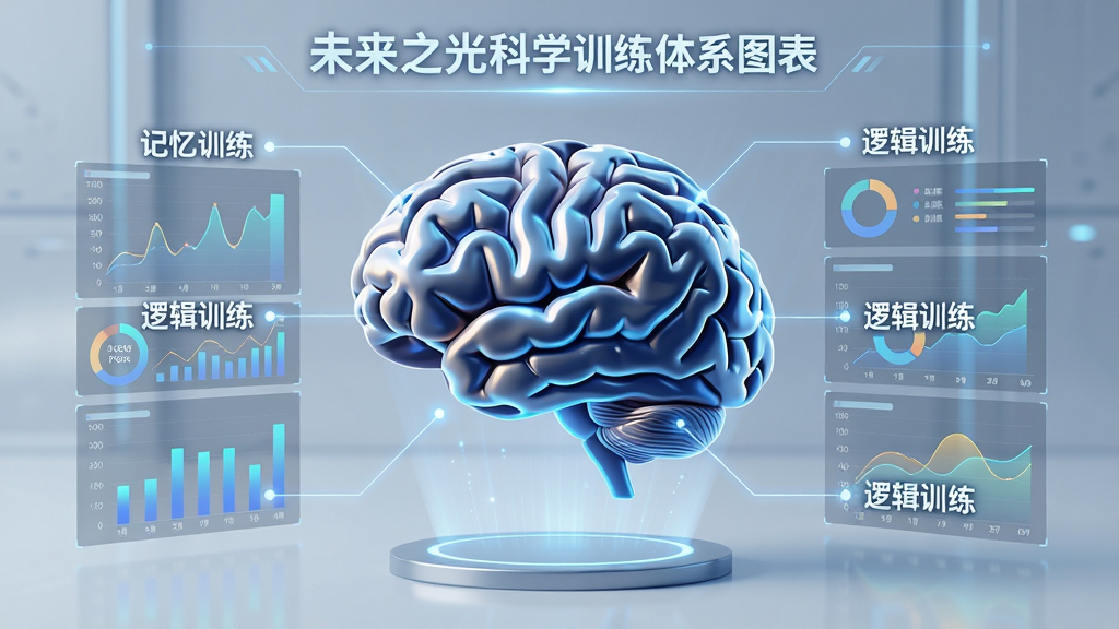 未来之光科学训练体系图表,主体为大脑模型与数据图表,布局居中,排版专业,风格科技感,细节标注“记忆训练”“逻辑训练”等字样,画质清晰,干净无多余元素