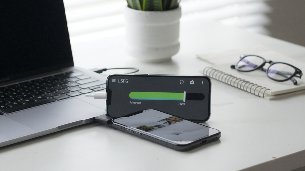 LSFG Android 使用教程场景,手机连接电脑传输图片,屏幕显示编辑进度条,桌面整洁,光线柔和,写实风格,画质干净