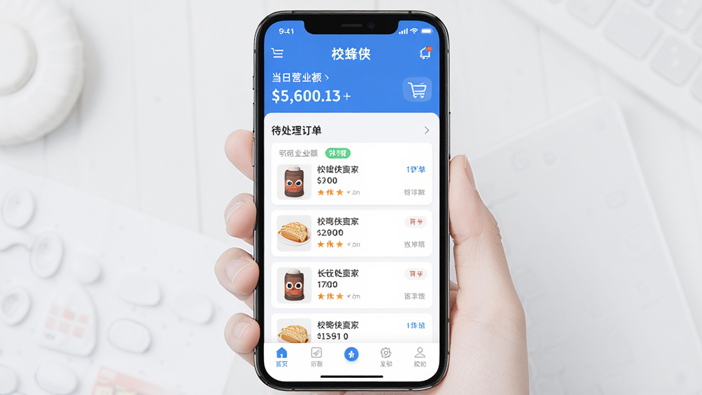 校蜂侠商家版应用主界面展示图,主体为智能手机屏幕显示商家订单管理面板,布局清晰简洁,顶部为店铺名称和当日营业额,中部为待处理订单列表,底部为功能导航栏,风格现代简约,色彩以蓝白为主,细节包括订单状态标签和商品缩略图,画质高清干净,无多余元素