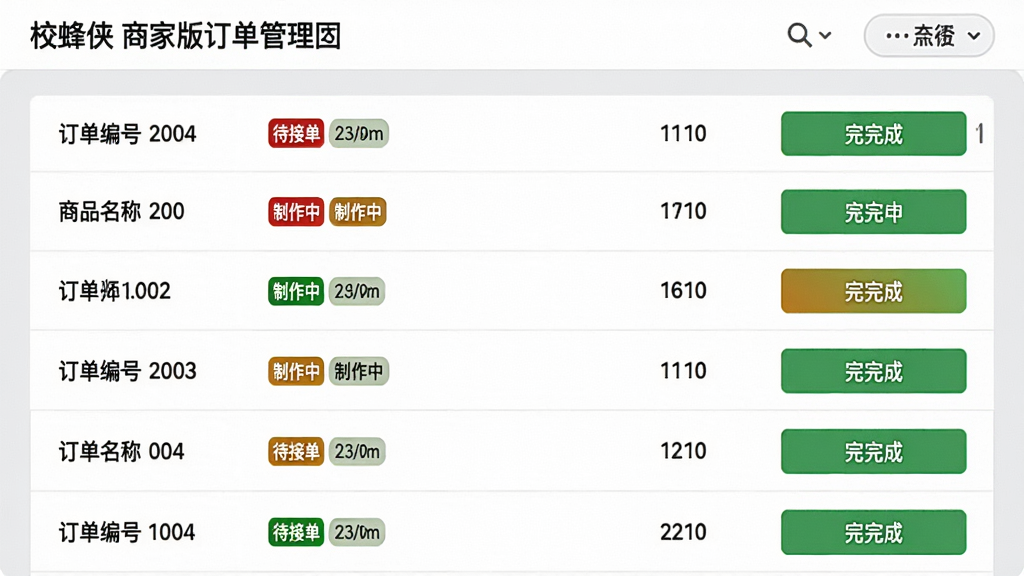 校蜂侠商家版订单管理界面截图,主体为订单列表页面,布局为上下滑动列表,排版整齐,每行显示订单编号、商品名称、数量和状态按钮,风格清晰直观,背景为浅灰色,细节包括不同颜色的状态标签如待接单、制作中、已完成,画质干净,无多余元素