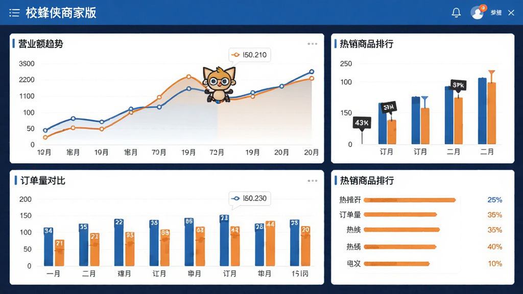 校蜂侠商家版数据统计图表界面,主体为折线图和柱状图组合,布局为仪表盘样式,排版整齐,风格商务简洁,色彩以蓝色和橙色为主,细节包括营业额趋势、订单量对比、热销商品排行,画质高清,无多余元素