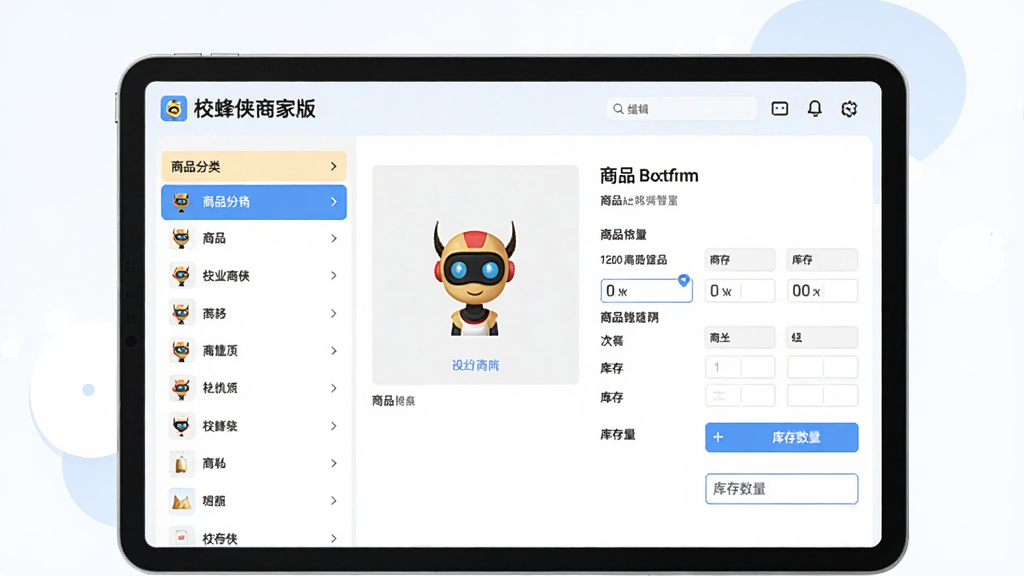 校蜂侠商家版商品管理功能展示图,主体为平板电脑显示商品编辑页面,布局左侧为商品分类列表,右侧为商品详情表单,排版专业,风格清爽,色彩明亮,细节包括商品图片上传区域和库存数量输入框,画质清晰,无多余元素