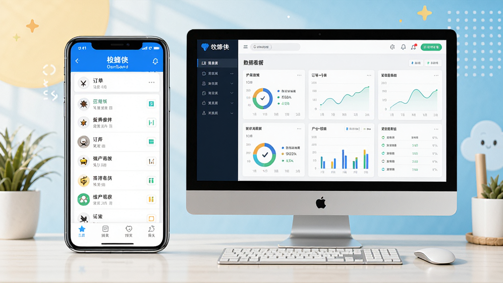 校蜂侠商家版使用教程配图,主体为手机和电脑并排放置,布局为操作步骤演示,排版清晰,风格教学化,色彩明亮,细节包括手机屏幕显示订单列表,电脑屏幕显示数据看板,画质干净,无多余元素