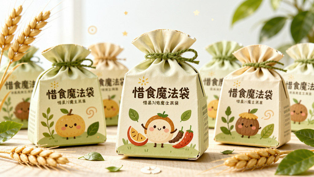 多个设计精美的“惜食魔法袋”盲盒排列在一起,盒子印有“惜食魔法袋”字样和可爱的食物图案,周围点缀着麦穗和绿叶,背景明亮,画面充满惊喜感和环保气息,画质干净,无多余元素