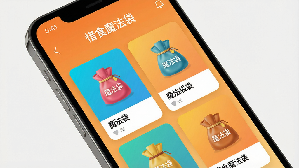一张手机屏幕特写,屏幕上清晰显示“惜食魔法袋”APP的界面,界面中有多个色彩鲜艳的“魔法袋”商品卡片,背景是温暖的橙色渐变,整体风格现代简约,画质干净,无多余元素